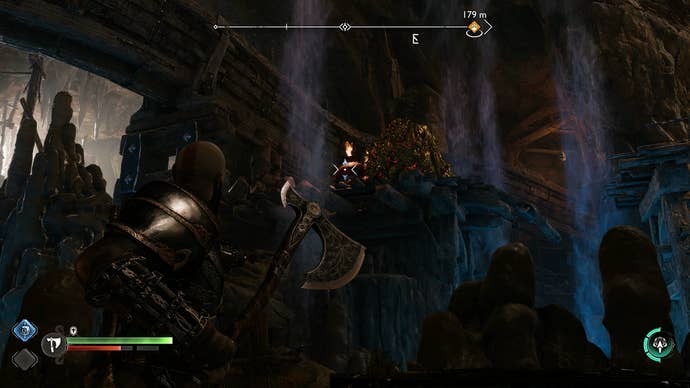 Kratos destroying a flaming pot to remove a golden blockage in The Applecore in God of War Ragnarok