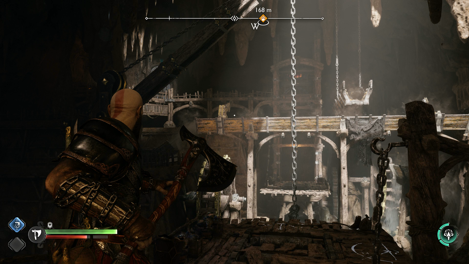 Kratos using his axe to block a water chute in The Applecore in God of War Ragnarok