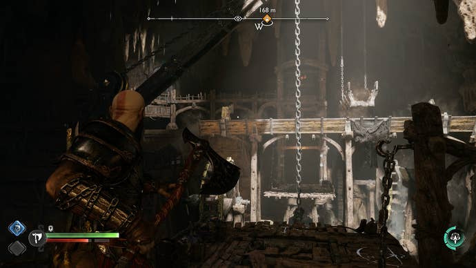 Kratos using his axe to block a water chute in The Applecore in God of War Ragnarok