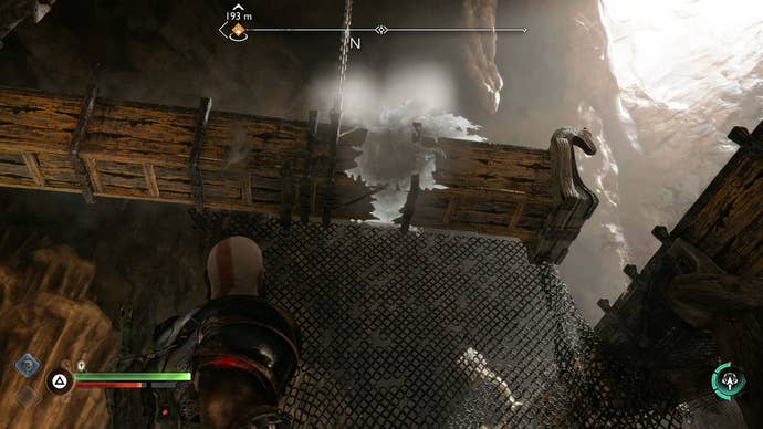 Kratos directing water to raise a lift in The Applecore in God of War Ragnarok