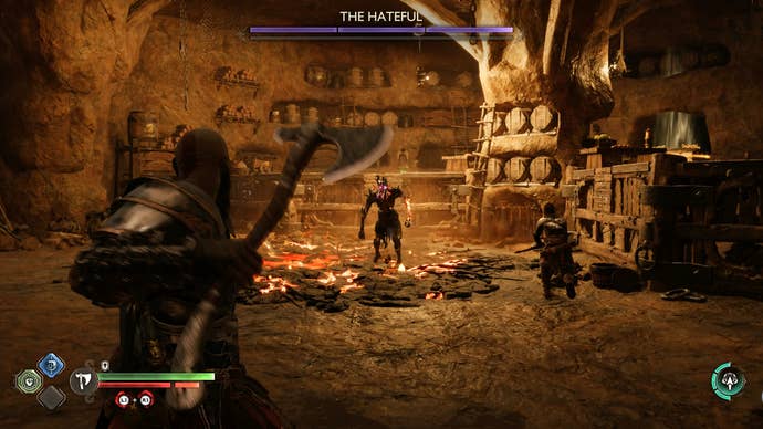 Kratos battling The Hateful in The Applecore in God of War Ragnarok