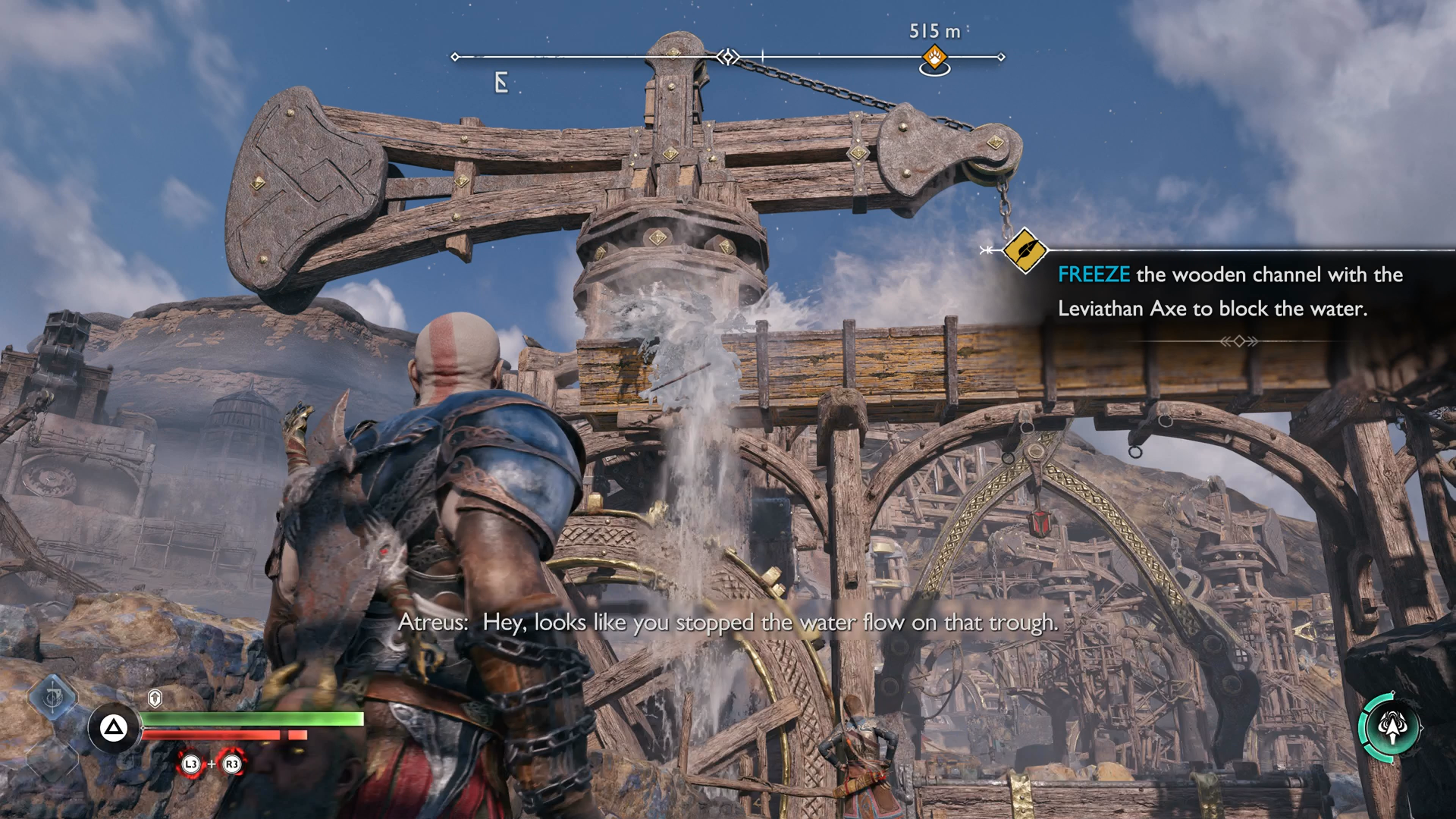 Kratos freezing a water chute to start a water wheel in God of War Ragnarok