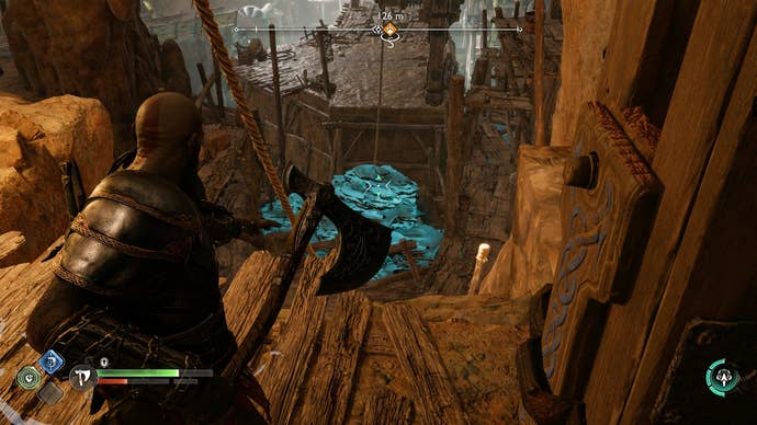 Kratos removing a sound stone blockage from a zip wire in God of War Ragnarok