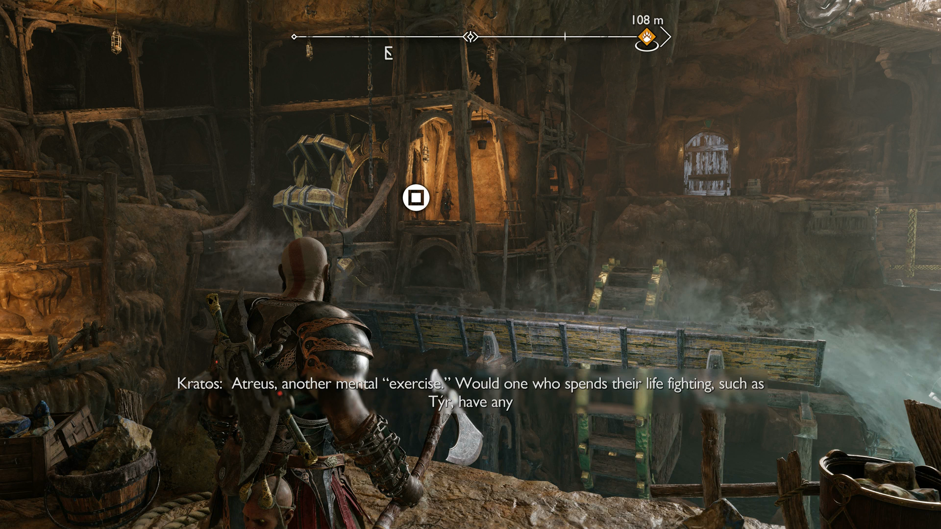 Atreus releasing rock to clog a water chute in The Applecore in God of War Ragnarok