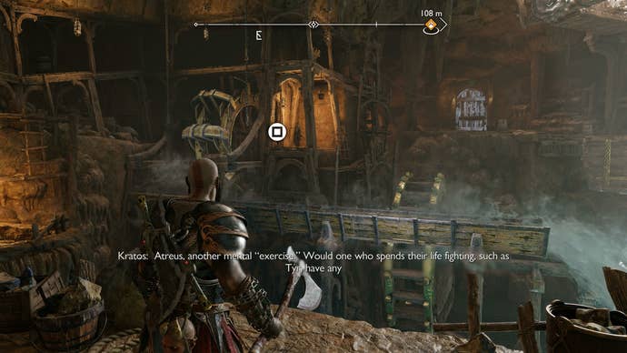 Atreus releasing rock to clog a water chute in The Applecore in God of War Ragnarok