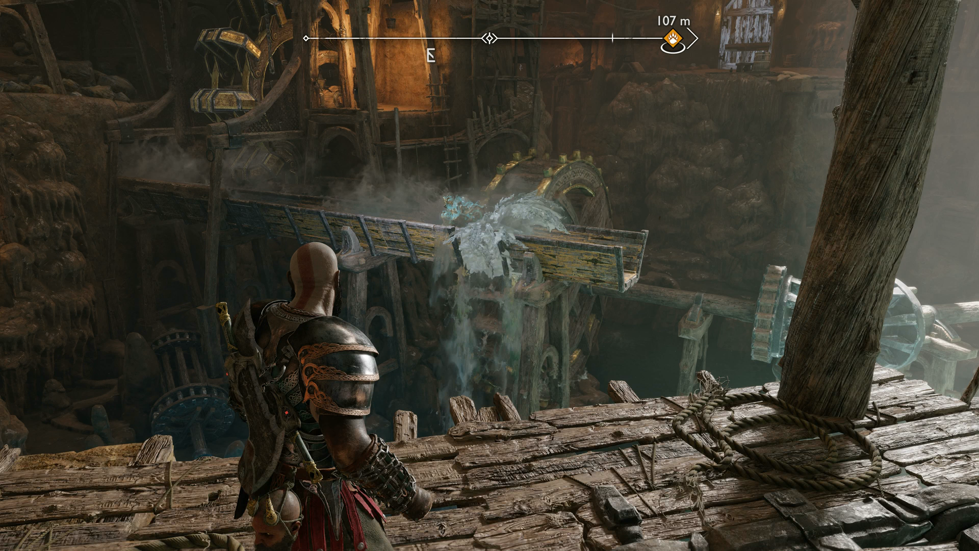 Kratos freezing sound stone blocks in place in his axe in The Applecore in God of War Ragnarok