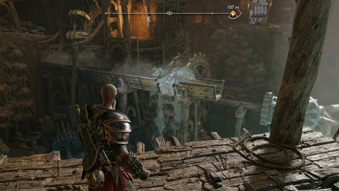 Kratos freezing sound stone blocks in place in his axe in The Applecore in God of War Ragnarok