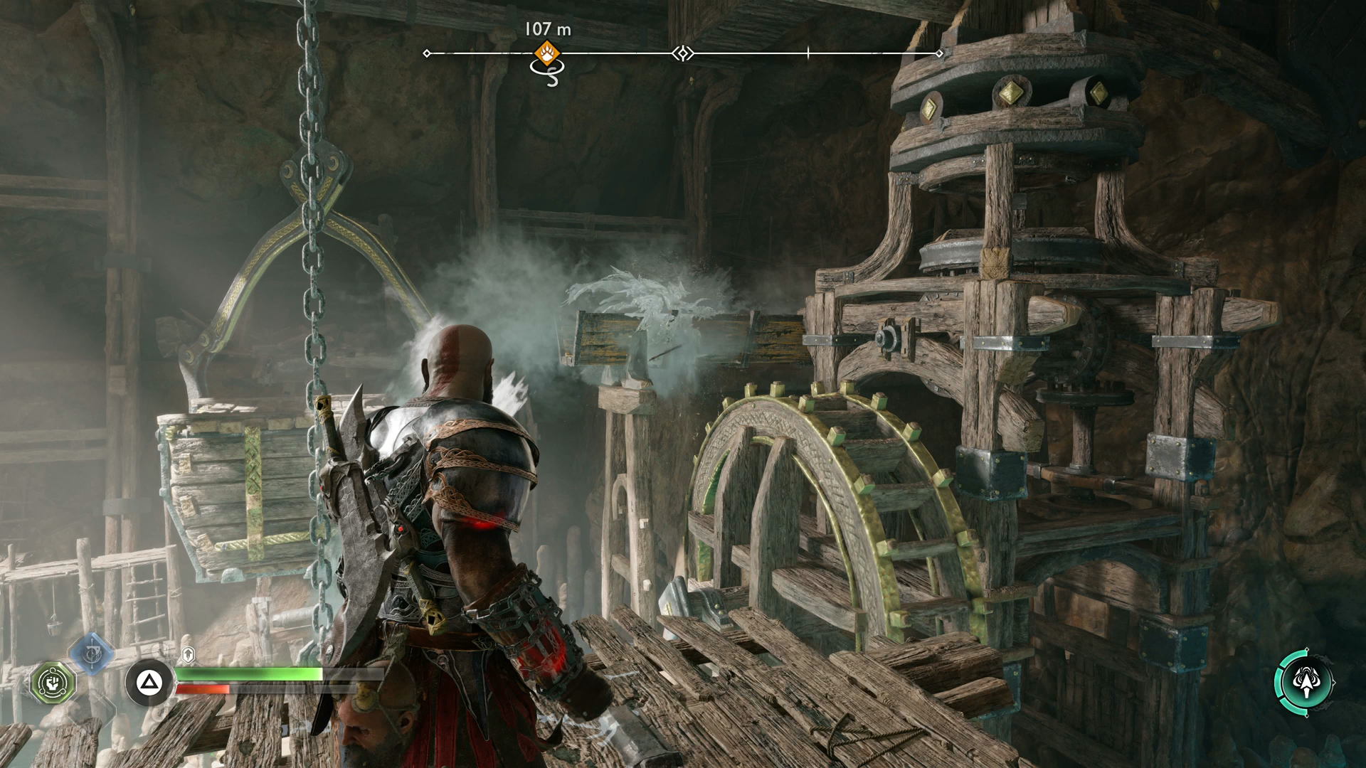 Kratos freezing a water chute to release a crane in The Applecore in God of War Ragnarok