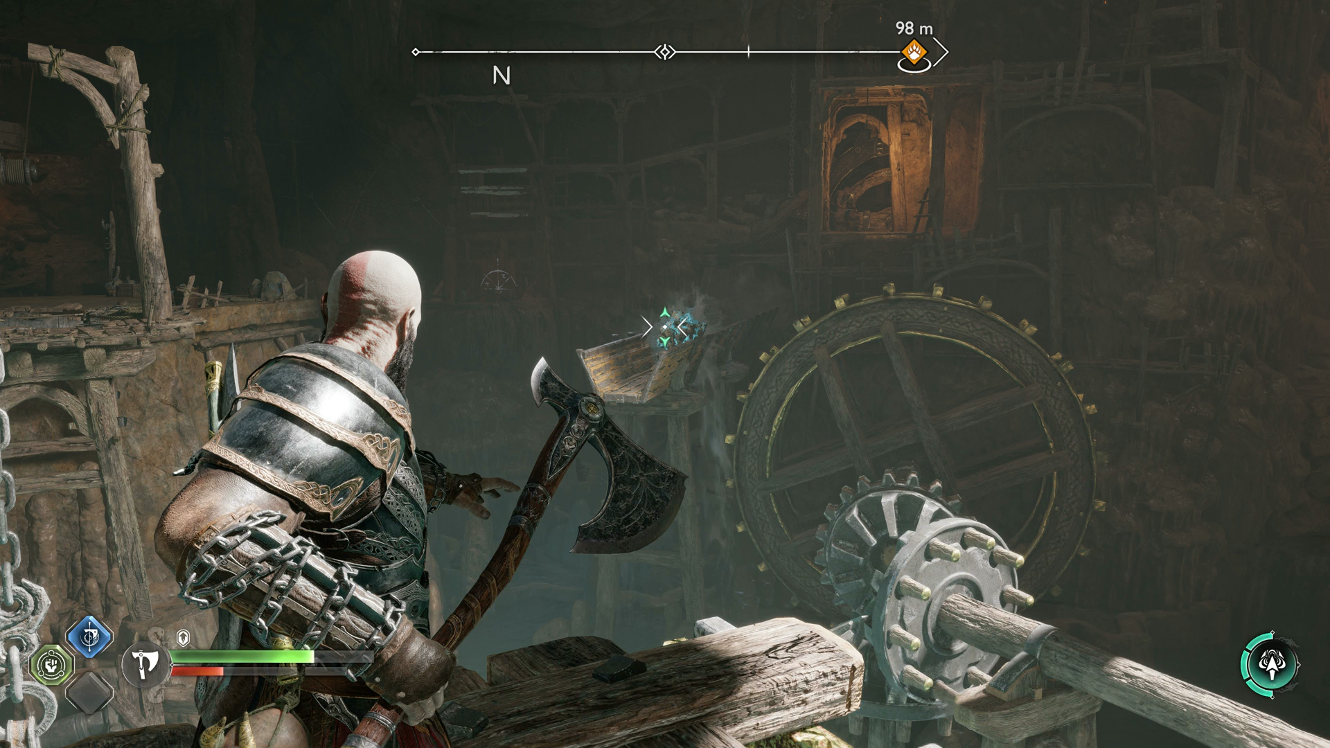 Atreus releasing a sound stone blockage to move a crane in The Applecore in God of War Ragnarok