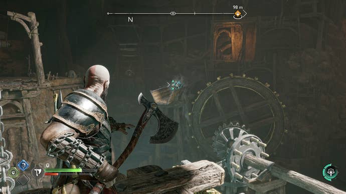 Atreus releasing a sound stone blockage to move a crane in The Applecore in God of War Ragnarok