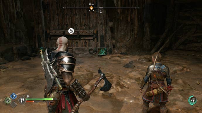 Kratos and Atreus unlocking a giant door in The Applecore in God of War Ragnarok
