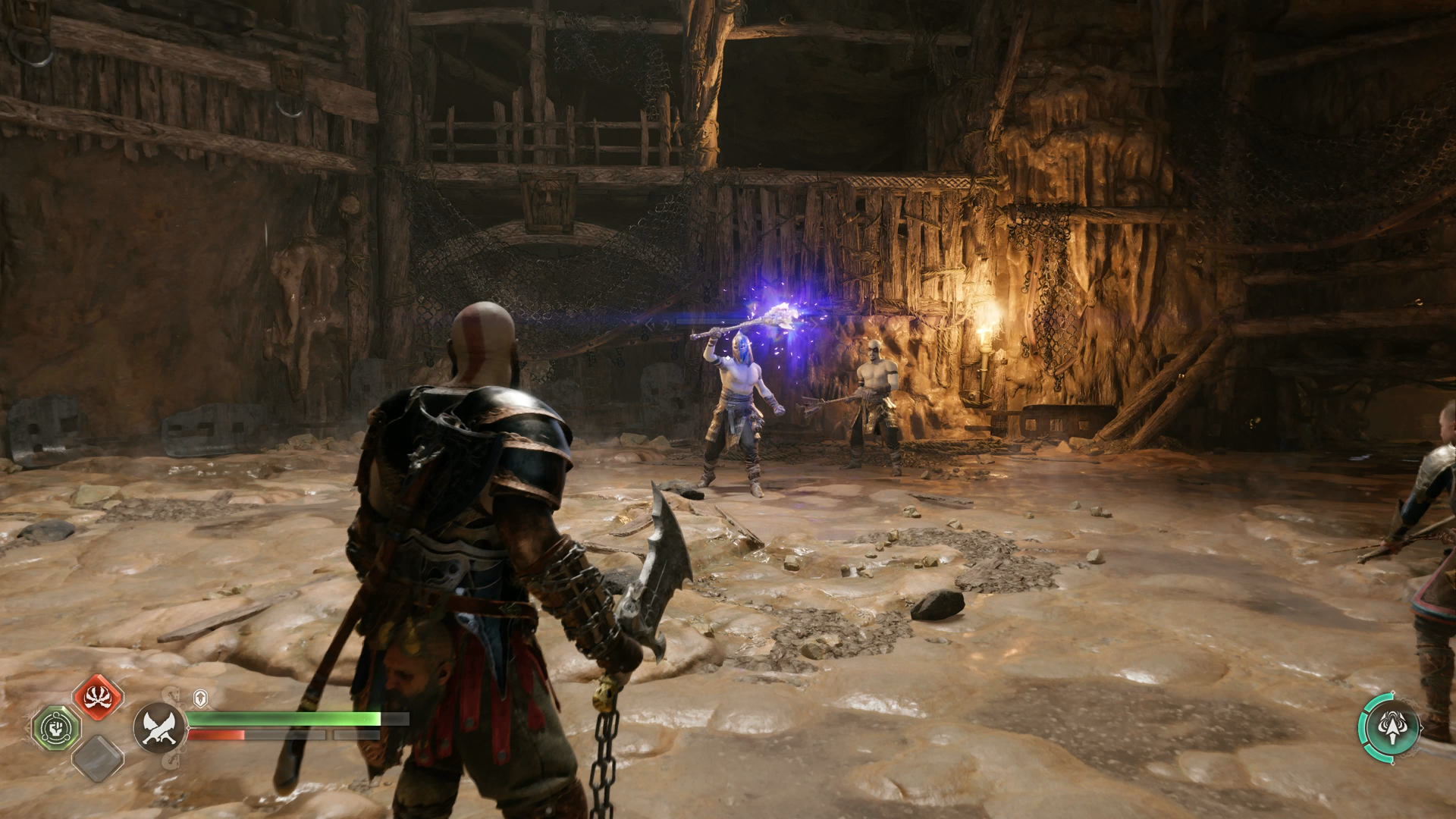 Kratos battling a Bifrost-wielding enemy in The Applecore in God of War Ragnarok