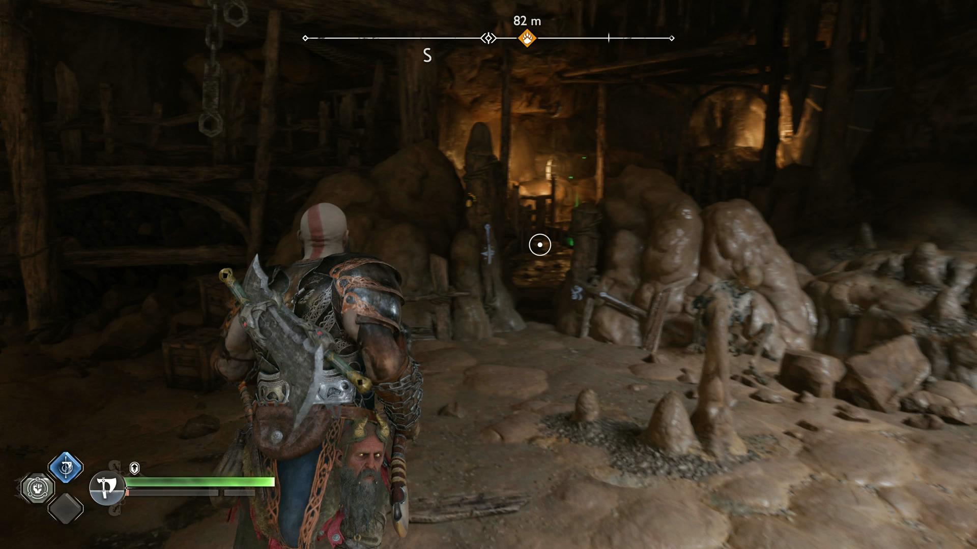 Kratos squeezing through a small gap in The Applecore in God of War Ragnarok