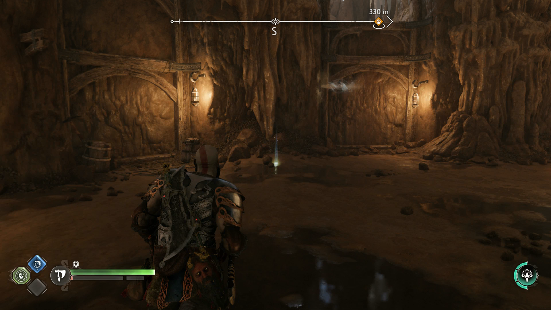 Kratos leading Atreus to the surface of Svartalfheim in God of War Ragnarok