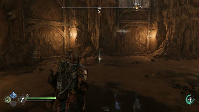 Kratos leading Atreus to the surface of Svartalfheim in God of War Ragnarok