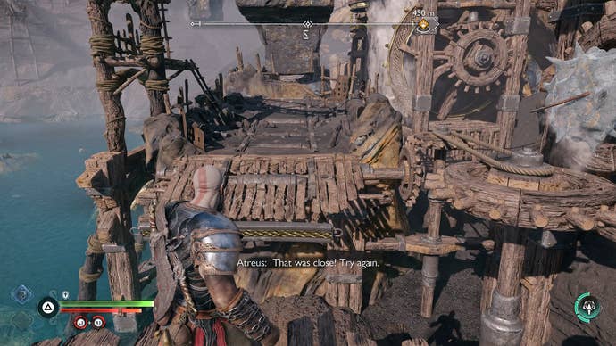 Kratos leaping across a broken bridge in God of War Ragnarok