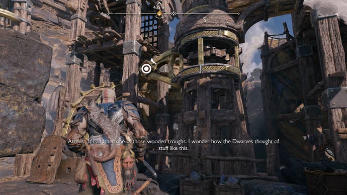 Kratos using his Blades of Chaos to swing a water chute in God of War Ragnarok