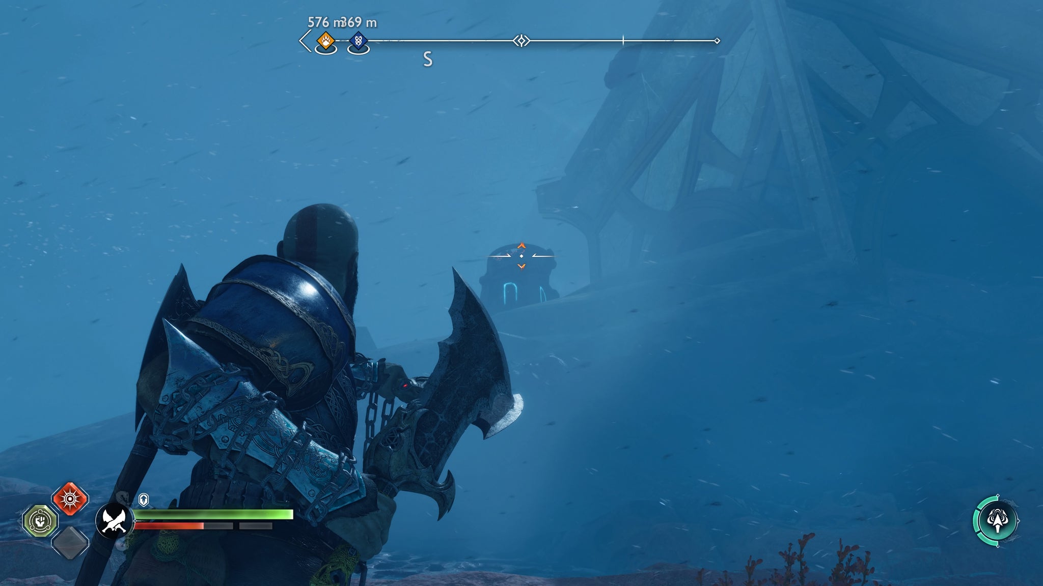 Kratos looking up at the second brazier in The Barrens in God of War Ragnarok - 59