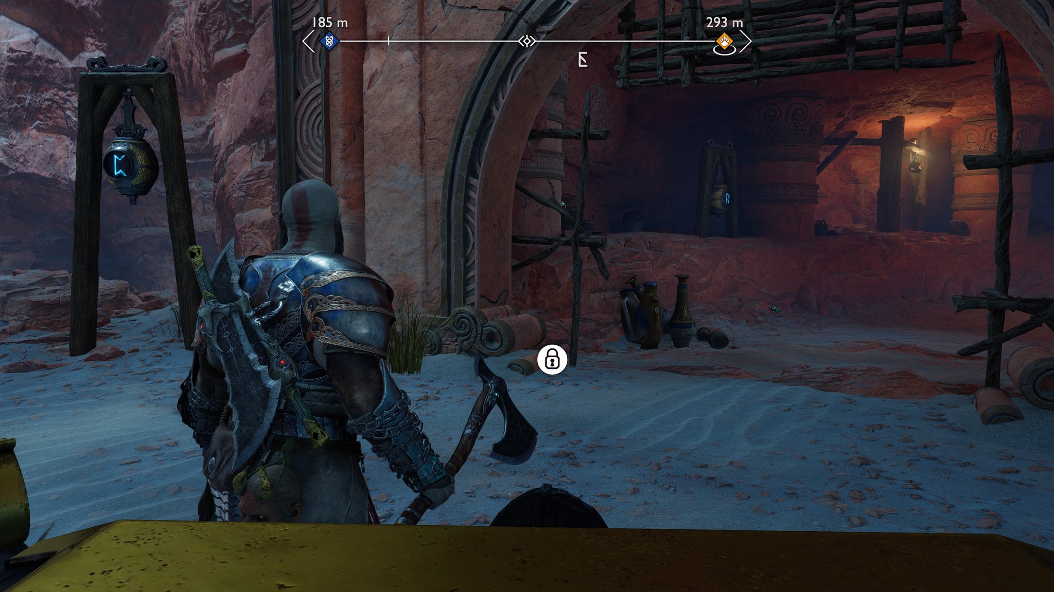 Kratos standing next to the first and second Nornir Bells in The Below in God of War Ragnarok - 62