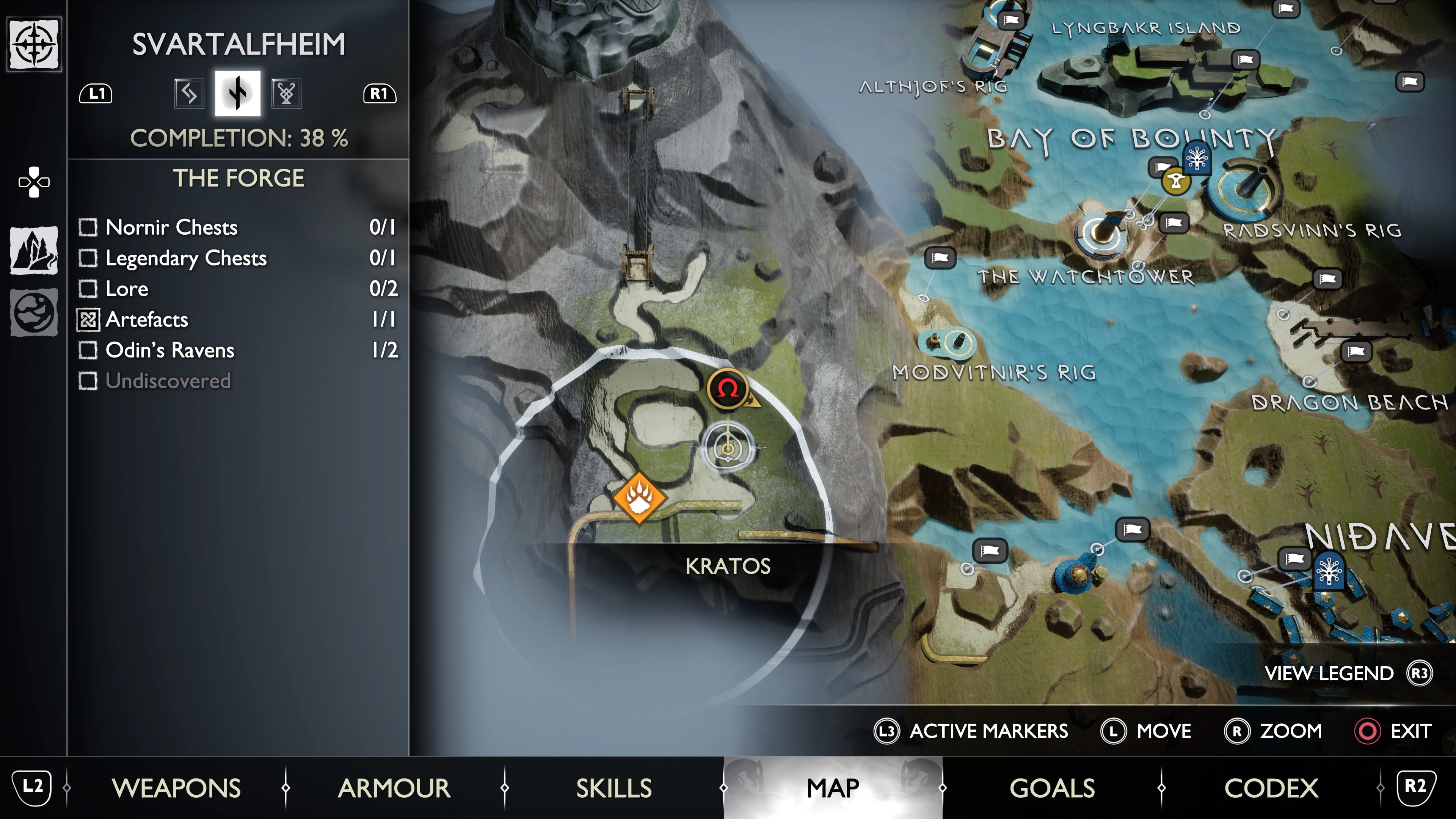 The map location of the Nornir Chest on top of The Forge in God of War Ragnarok