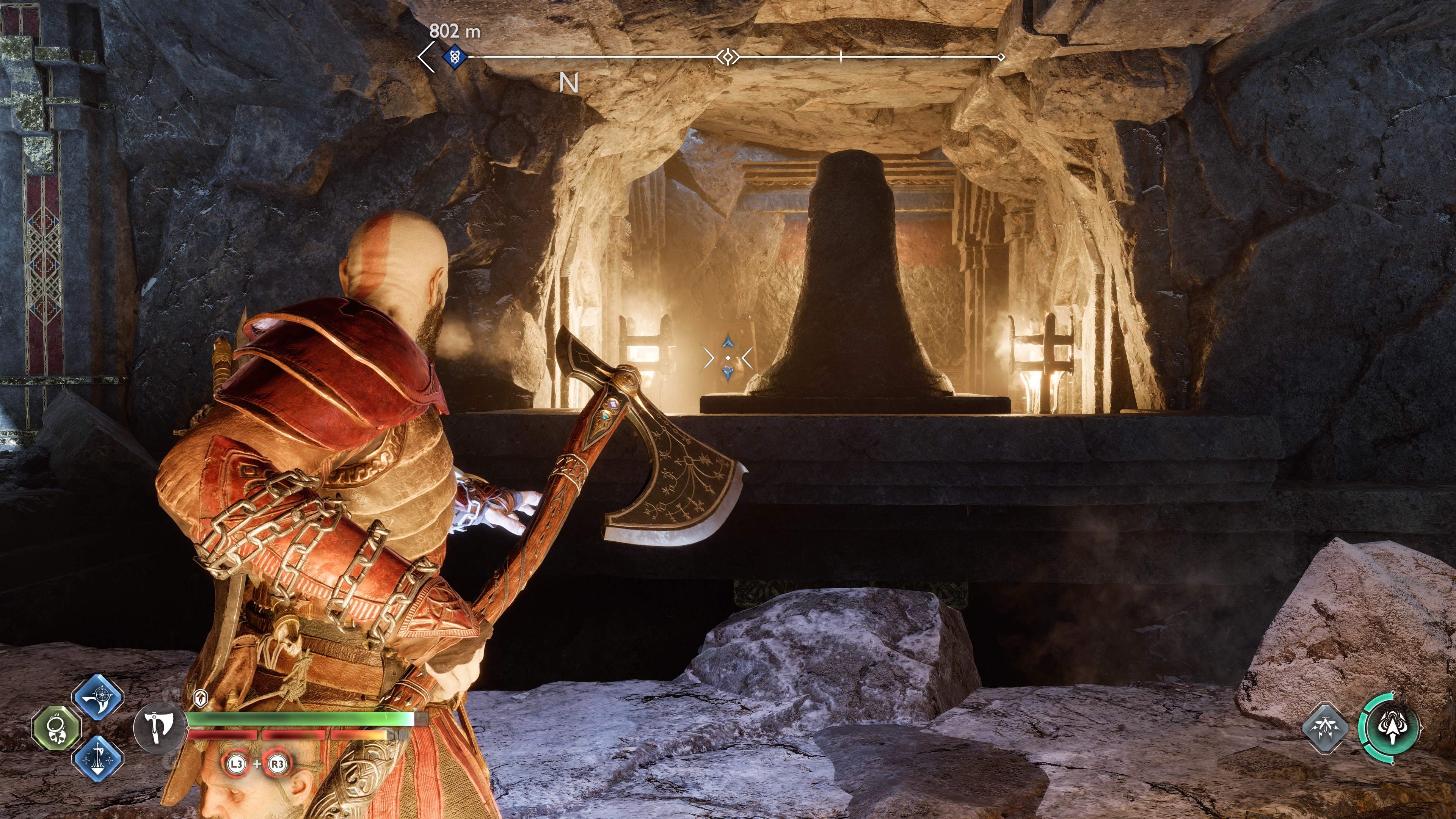 Kratos hitting the third Nornir Bell in The Oarsmen in God of War Ragnarok