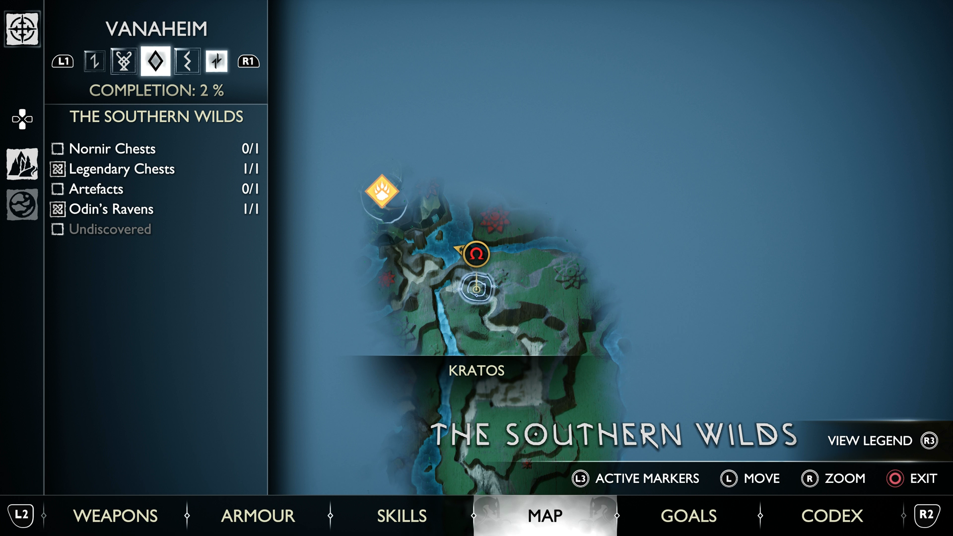 A map view of the Nornir Chest in The Southern Wilds in God of War Ragnarok