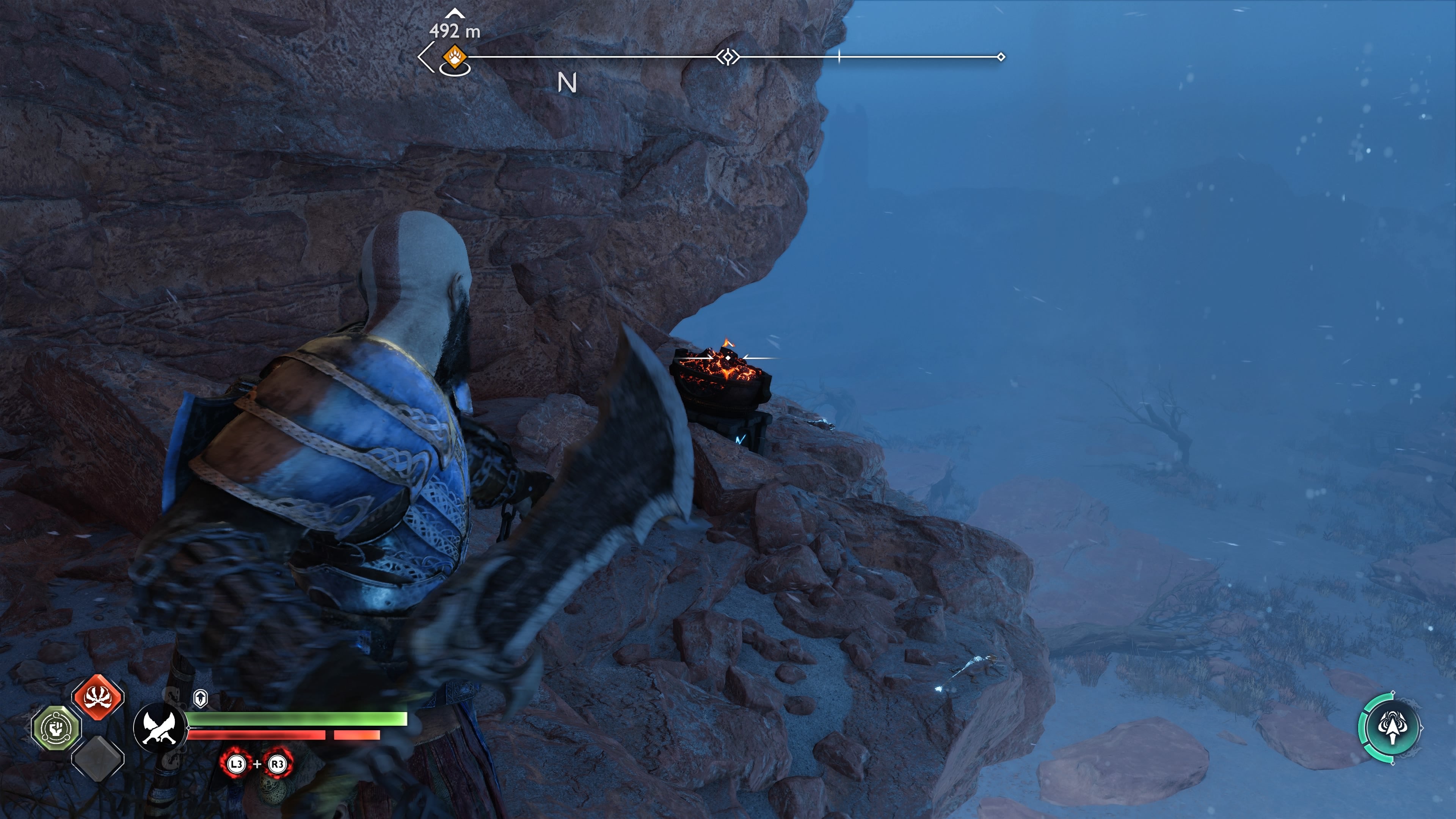 The first brazier you need to light to unseal the first Nornir Chest in The Strond in God of War Ragnarok
