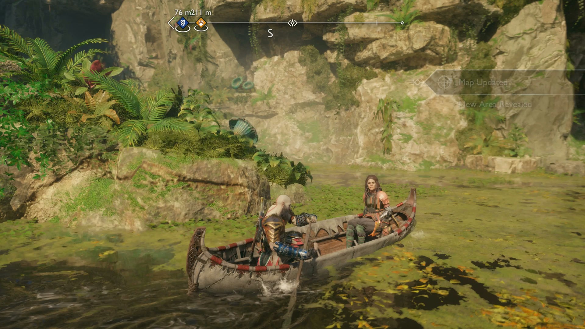 Kratos and Freya rowing a boat towards the Veiled Passage in God of War Ragnarok - 6