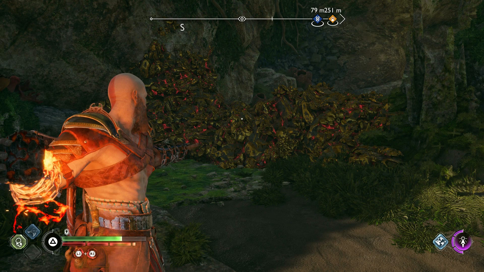 Kratos throwing a firebomb to unblock the Nornir Chest in The Veiled Passage - 92