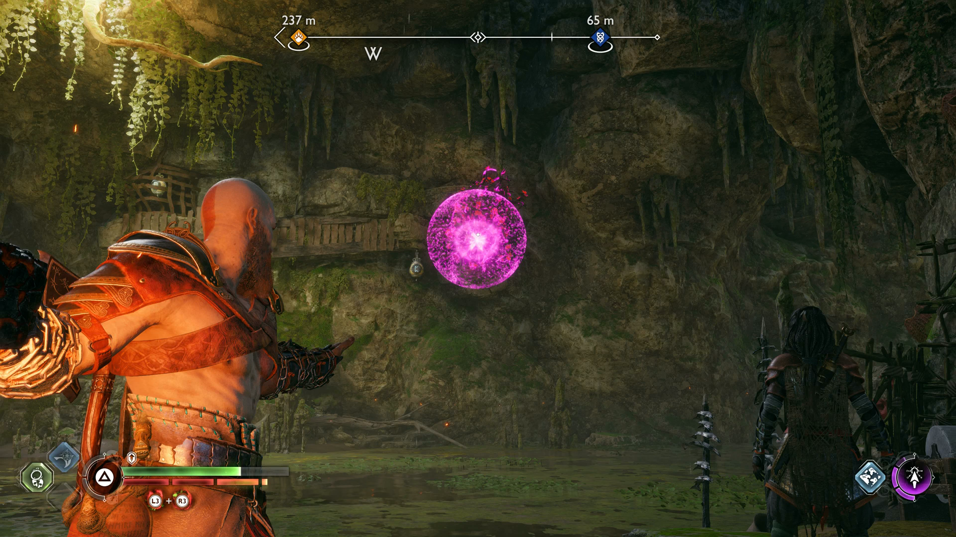 Kratos using a sigil arrow and firebomb to burn away vines in God of War Ragnarok