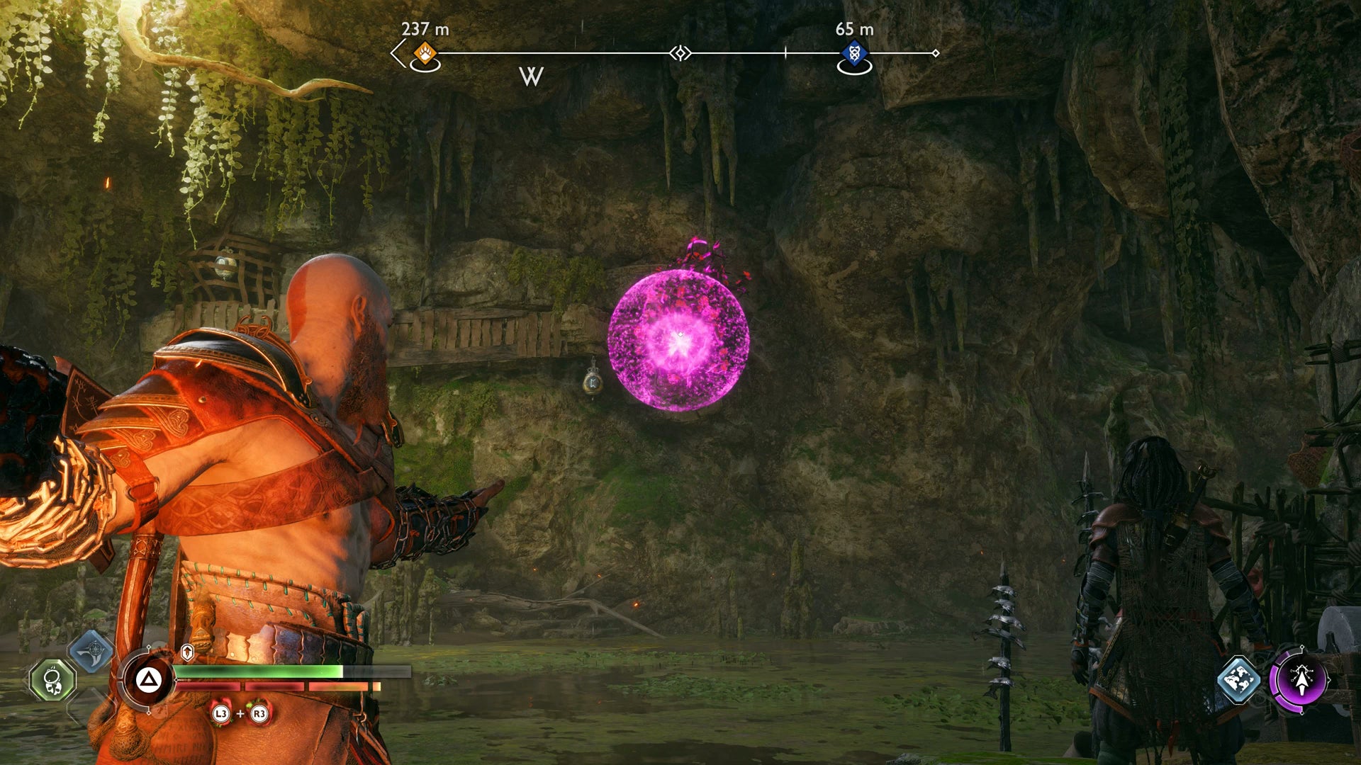 Kratos using a sigil arrow and firebomb to burn away vines in God of War Ragnarok - 93