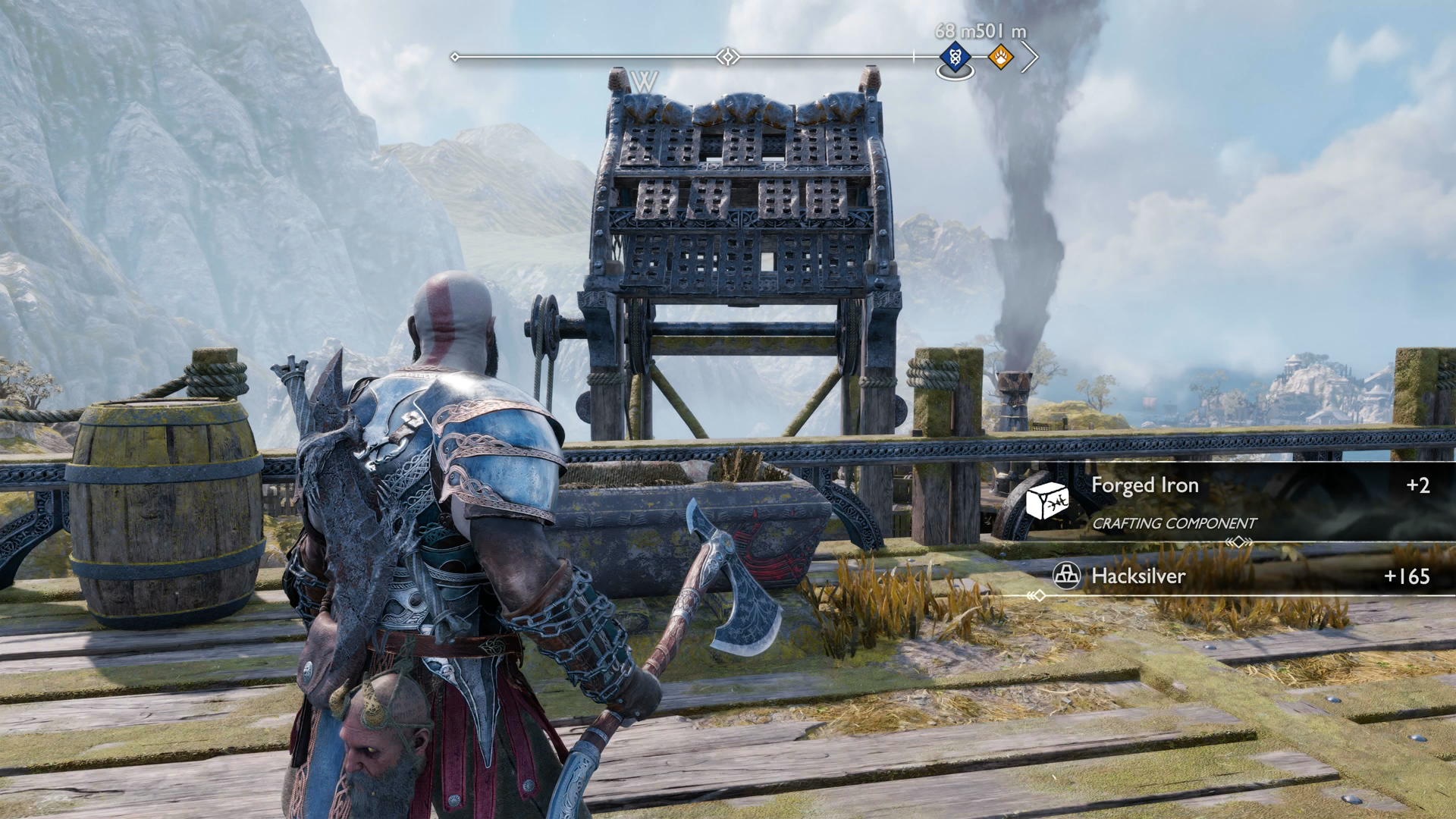 A cache of items on a Lyngbakr&rsquo;s head in God of War Ragnarok