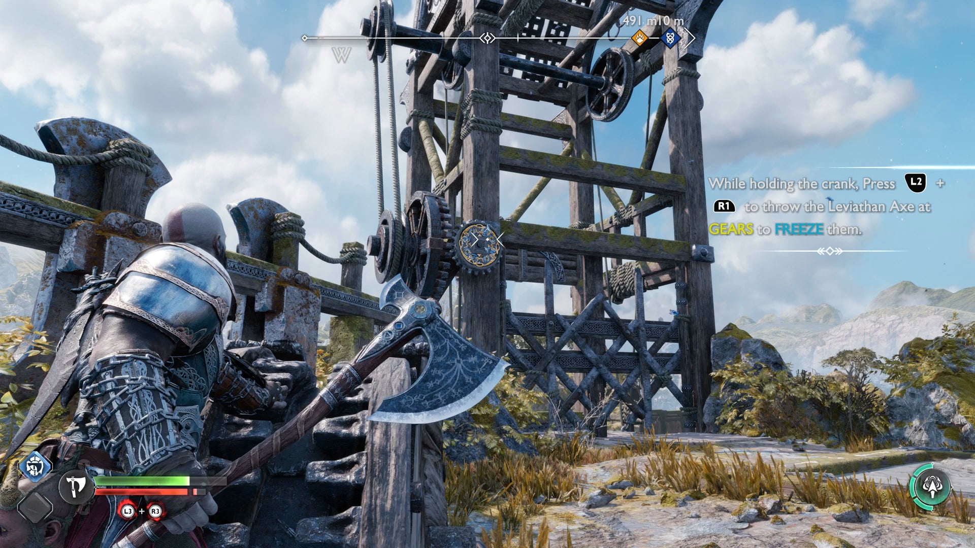 Kratos using his Leviathan Axe to freeze a lift in place during the Weight of Chains quest in God of War Ragnarok - 7