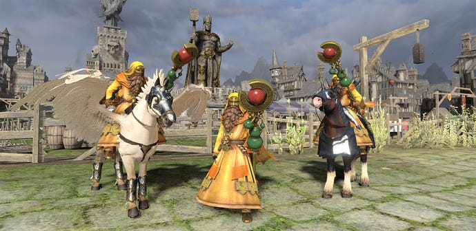 Three gold wizards in Total War: Warhammer 3, with one riding a pegasus and another an armoured horse