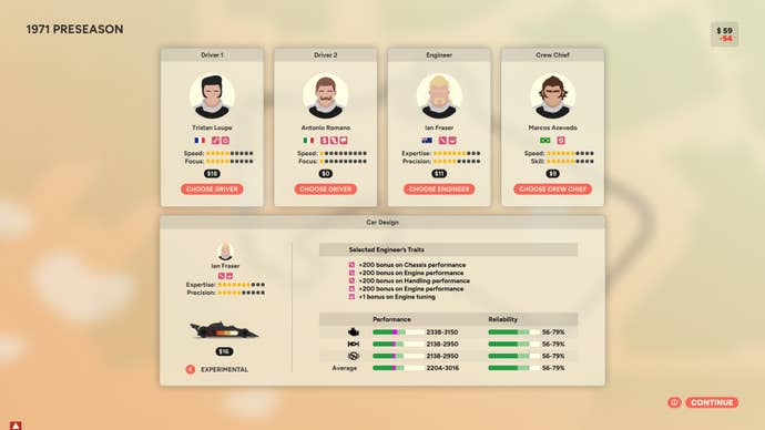 The team screen in Golden Lap.