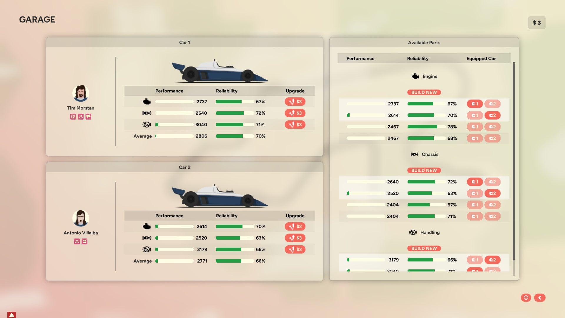 The car management screen in Golden Lap. - 5