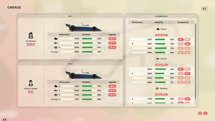 The car management screen in Golden Lap.