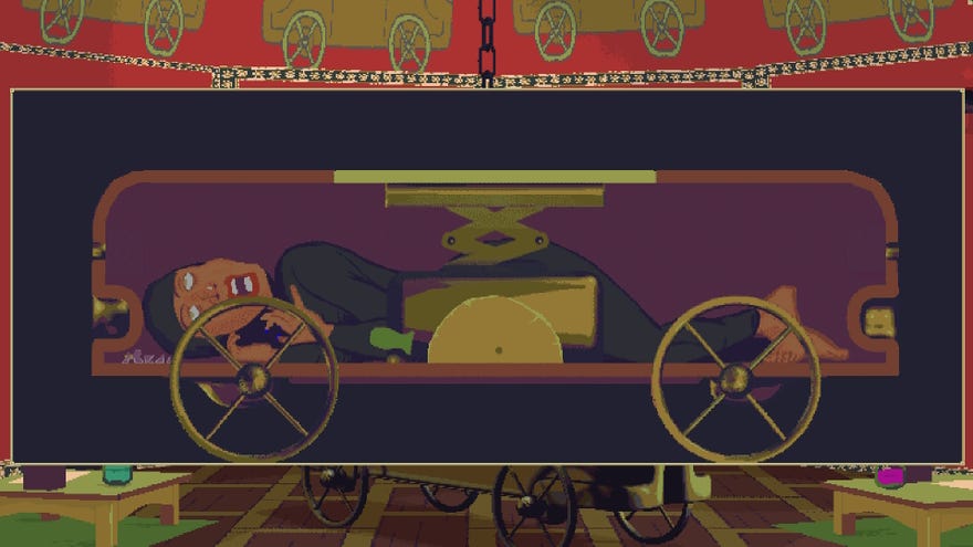A dead body is trapped inside a coffin on wheels in The Spider Of Lanka DLC for The Case Of The Golden Idol