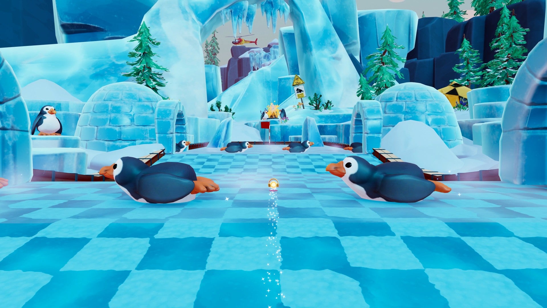 A golf ball flies past lines of sliding penguins in Golf With Your Friends 2.