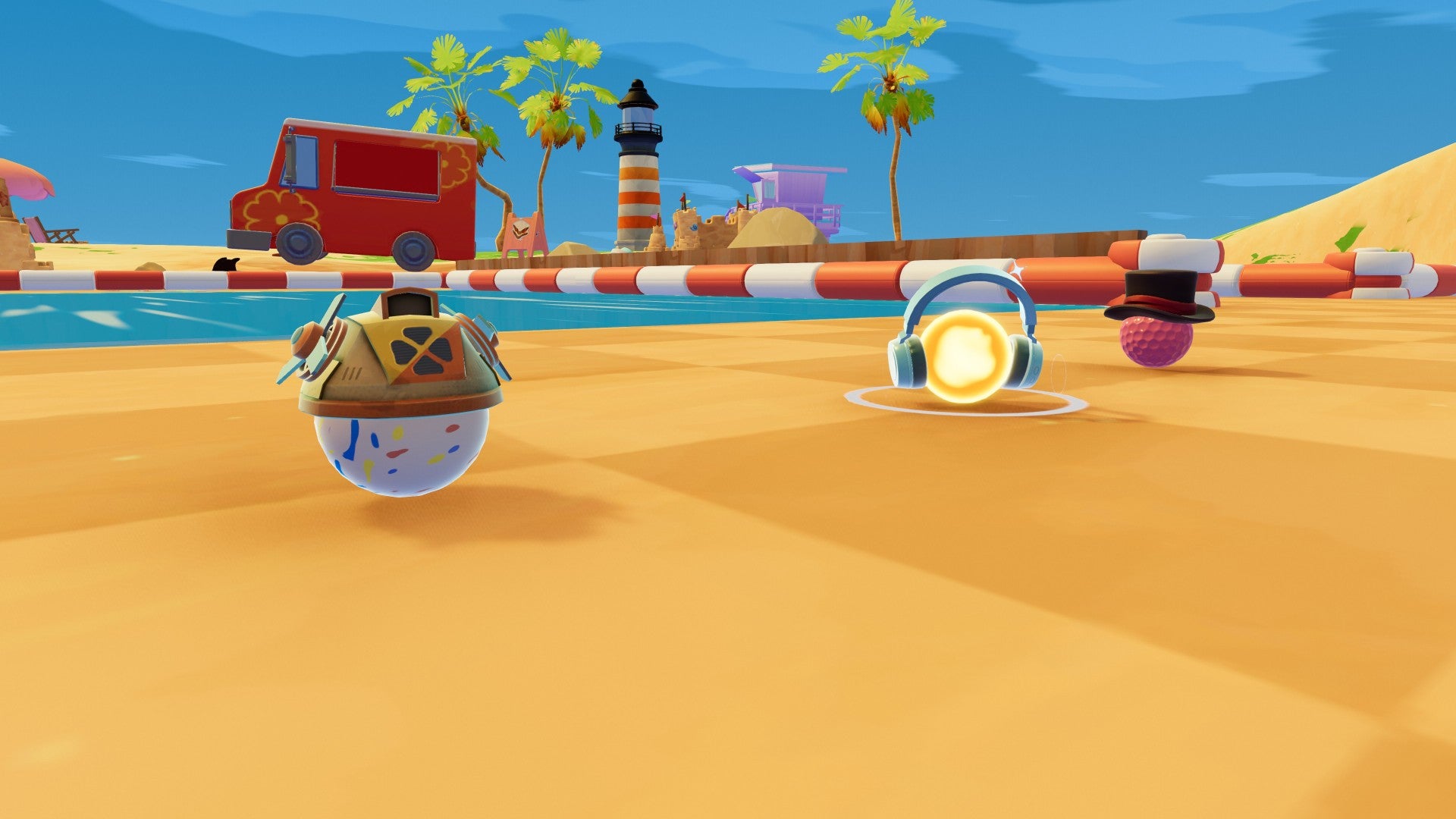 Some custom-hatted balls ready to tee off in Golf With Your Friends 2.