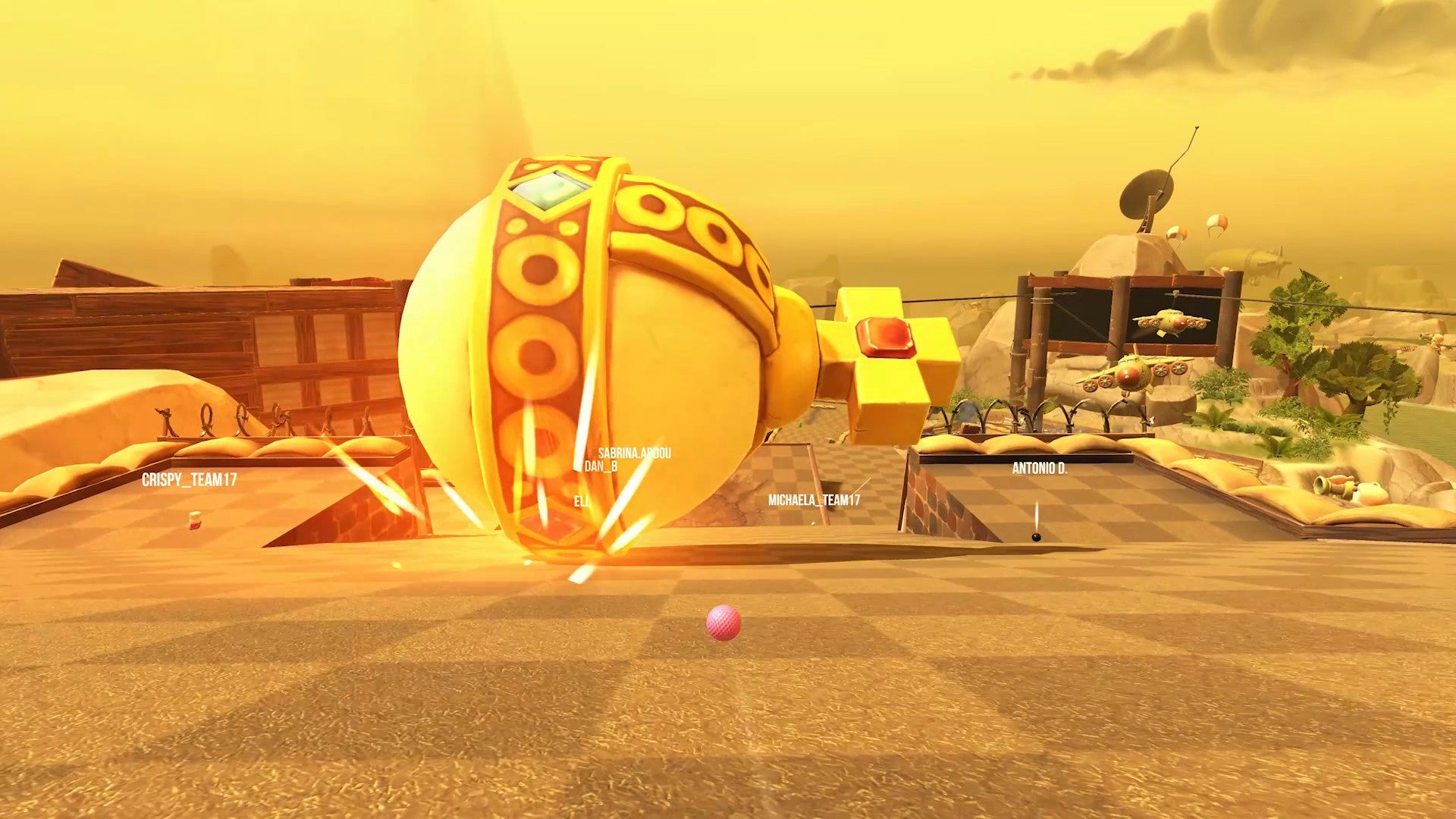 A giant Holy Hand Grenade rolls down the green in Golf With Your Friends' Worms-themed course.