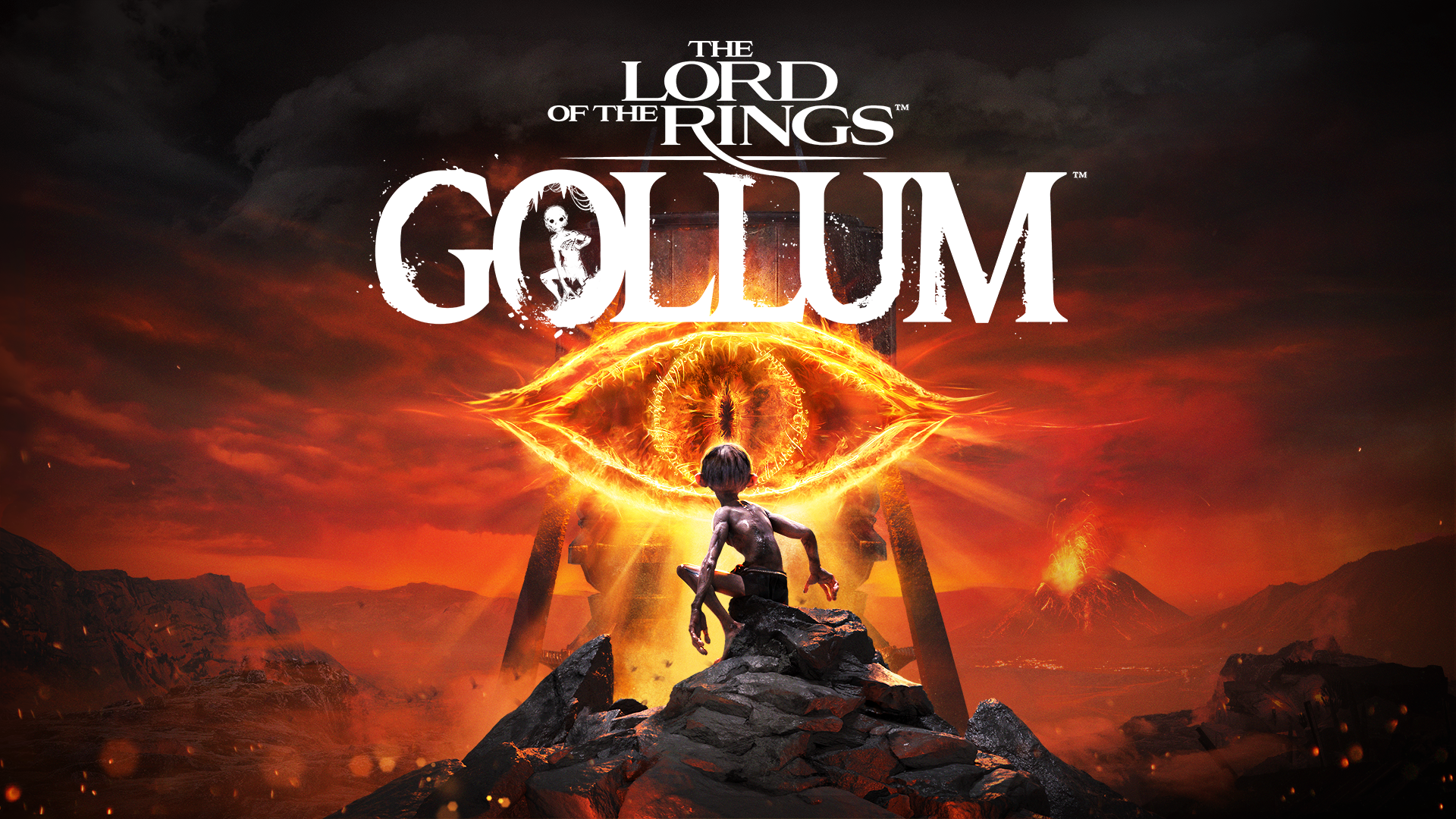 The Lord of the Rings: Gollum key art with the game&rsquo;s title in white. The Eye of Sauron is emblazoned in the sky as Gollum looks towards it, stood on some rocks