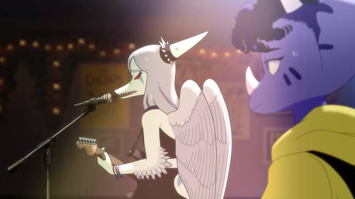 Two dinosaurs look sad while playing music on stage in Goodbye Volcano High