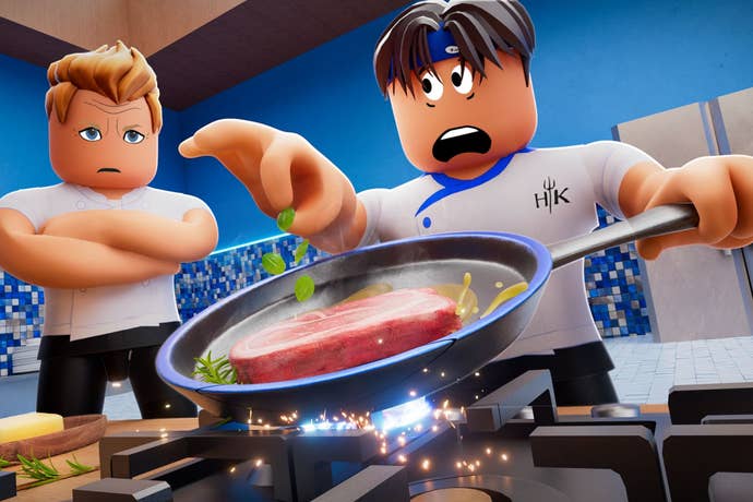 Gordon Ramsey looks stern as a user fries a steak in Roblox Hells Kitchen