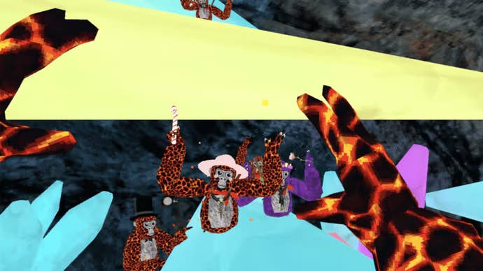 A chaotic scene in Gorilla Tag showing a player's lava-like hands and a beam of light