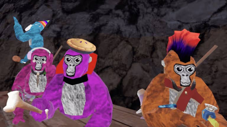 A pink, purple and brown gorilla in Gorilla Tag VR
