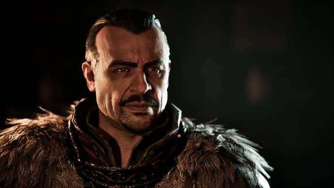 A dramatically-lit chap with a mustache and furry shoulders in the Gothic Remake
