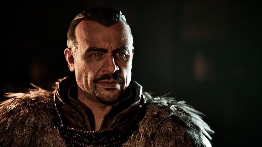 A dramatically-lit chap with a mustache and furry shoulders in the Gothic Remake