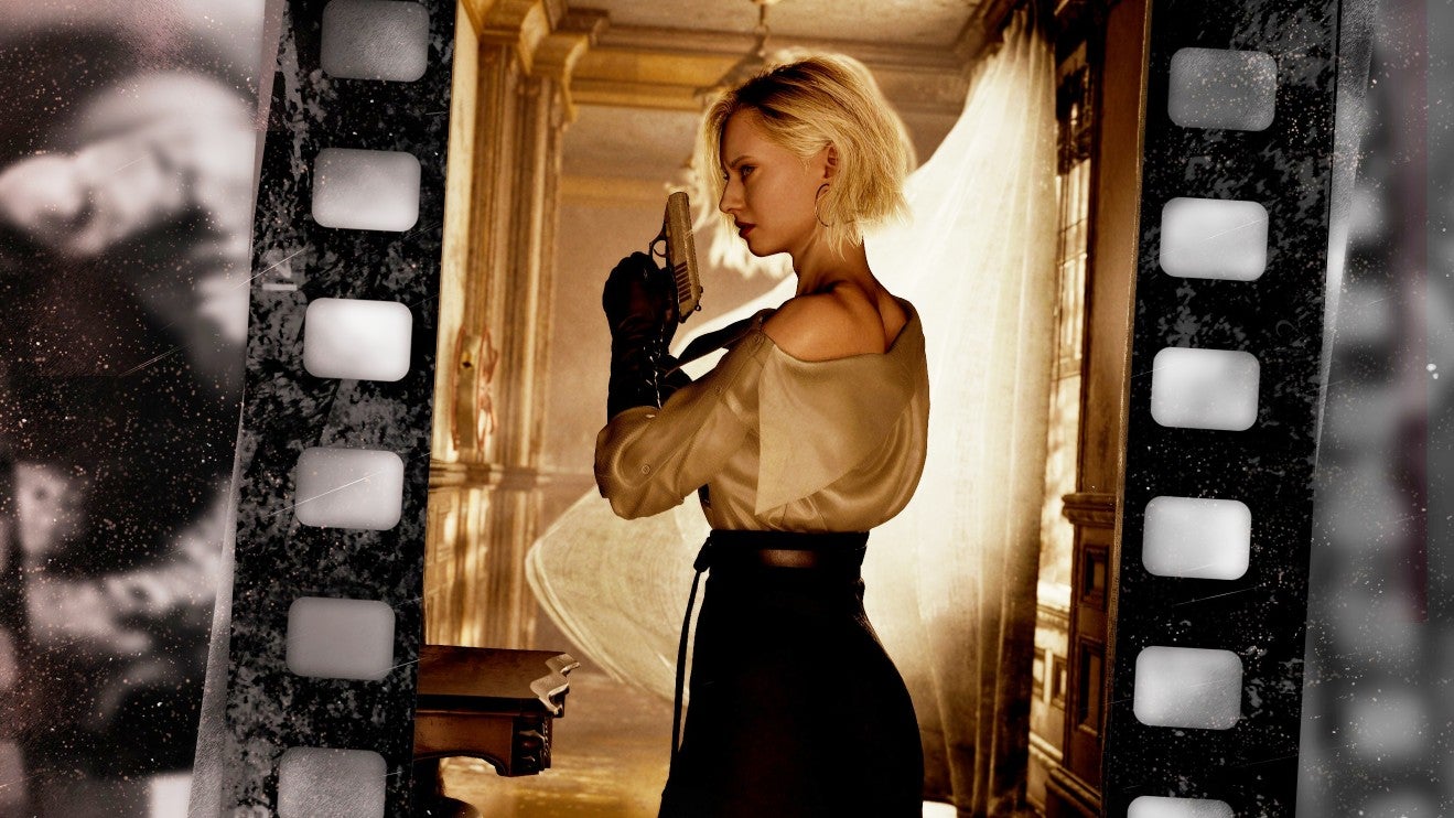 Grace from Resident Evil Requiem looks over her shoulder while holding a gun