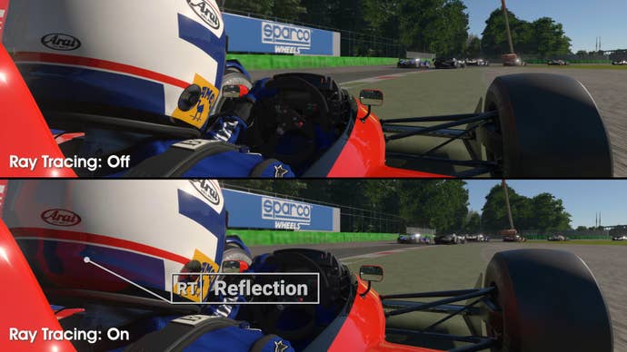 PS5 Pro RT on vs RT off in Gran Turismo 7 (screenshot). A reflection is visible on the driver’s helmet.